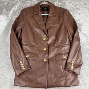 7 For All Mankind Faux Leather Blazer Women's L Brown Gold Buttons Soft (1135)